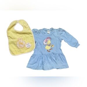 Vintage 80s 90s Oneita Duck Sweater Dress & Bib Bundle Baby Girl Size 18 mo.